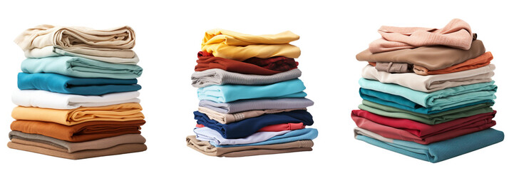 Set of stack of clean clothes with clean laundry isolated on white or transparent background - obrazy, fototapety, plakaty