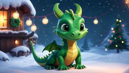 A cute green dragon is out to celebrate Christmas.