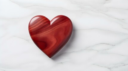 Top View of a red Heart on a white Marble Background. Romantic Backdrop with Copy Space