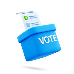 3D Blue Vote Box and Ballot Paper with Check Mark Isolated on White Background. Design Element for Election Campaign. Vector Illustration of 3D Render in Cartoon Style.