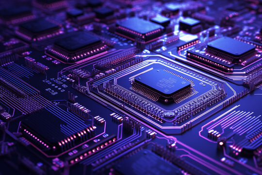 Close-up inside a computer, microchips and circuits, semiconductors. Dark purple color scheme with neon light