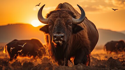A bisons grazing on prairie with stunning sunset sky. Generative AI 