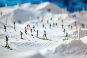 Winter landscape of a mountain slope with many skiers and snowboarders at ski resort. Winter sports and winter vacation background with macro photo miniature of tiny world.