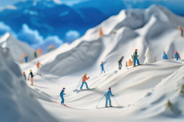 Winter landscape of a mountain slope with many skiers and snowboarders at ski resort. Winter sports and winter vacation background with macro photo miniature of tiny world.