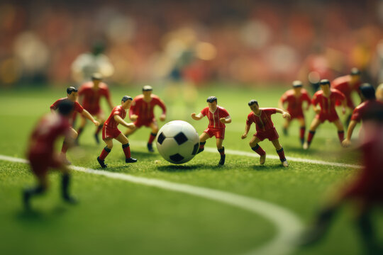 Miniature tiny soccer players toys and ball on the soccer field. Soccer concept background with macro photo miniature of tiny world.