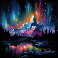 High single sharp mountain and the aurora borealis. Colorful impressionistic night mountain...