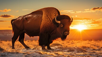 A bison herd grazing on prairie with stunning sunset sky. Generative AI