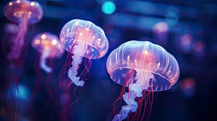 Beautiful color of jellyfish in underwater in the dark blue ocean water - obrazy, fototapety, plakaty