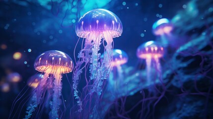 Beautiful color of jellyfish in underwater in the dark blue ocean water - obrazy, fototapety, plakaty