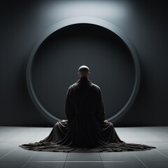 buddhist monk in meditation pose over black background