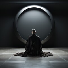 buddhist monk in meditation pose over black background