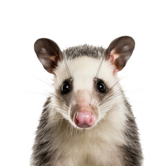 Opossum face shot isolated on white or transparent background