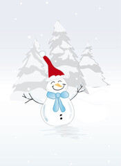 Illustrated page banner Christmas New Year greeting card with snowman and trees