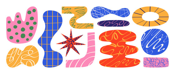 Set of abstract geometric shapes with trendy creative textures hand drawn lines for design. Flat doodle style. Vector illustration.