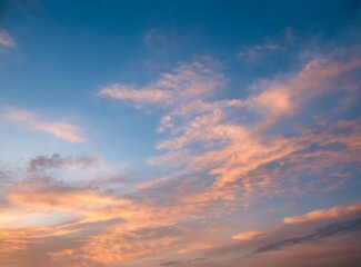 Naklejka na ściany i meble Sky at sunset, sky at sunrise, clouds, orange clouds cirrus clouds, cumulus clouds, sky gradient, sky background at dusk, twilight, nightfall, pink sky, pink clouds, sun, environment, background