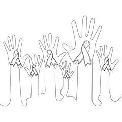 Continuous line drawing Human hand holds ribbons Prevention and treatment oncology illness healthcare concept