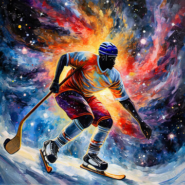 An impressive oil painting depicting a fantastic hockey player in the form of a nebula explosion