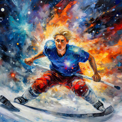 An impressive oil painting depicting a fantastic hockey player in the form of a nebula explosion