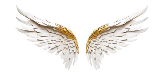 Gold fantasy feather wings - pair of gold angelical wings - isolated transparent PNG background - gold wing - obrazy, fototapety, plakaty