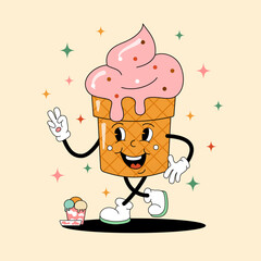 Cartoon ice cream cone with face on decorated background. Vector flat illustration in groovy retro style with cold sweet dessert. Vintage image of cute tasty character with smile for banner or poster