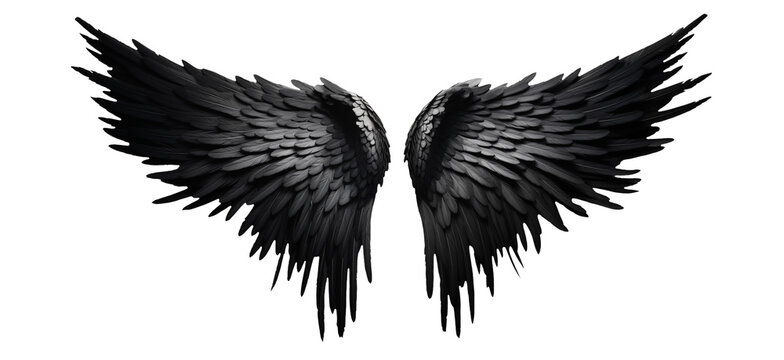 Black fantasy feather wings - pair of black angelical wings - isolated transparent PNG background - black wing