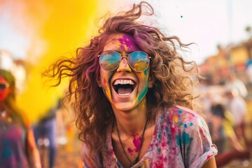 Portrait of smiling young woman wearing sunglasses covered with holi color - obrazy, fototapety, plakaty