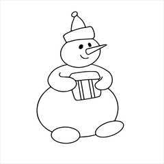Vector doodle. Funny snowman with a Christmas gift box. Coloring book for children