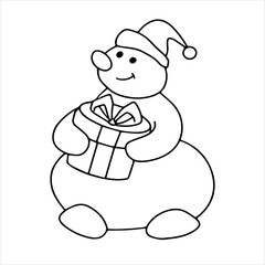 Vector doodle. Snowman with a Christmas gift box. Coloring book for children