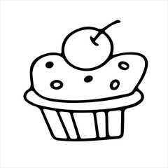 vector doodle of cakes with cherries. Sweet muffin