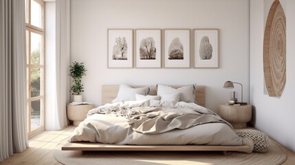 Fototapeta na wymiar The inviting Scandinavian Chic Resting Place, featuring a cozy bedroom with neutral tones, natural materials, and minimalist decor that embody the simplicity and elegance of Scandinavian design.