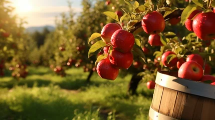 Fotobehang Apple barrel in the farm and harvest season with sunshine and vanilla sky. Created using generative AI. © Sun