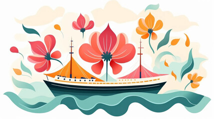 Floral ship illustration in naive styles. Colorful transport in flowers and plants. - obrazy, fototapety, plakaty