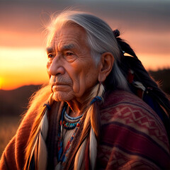 Native american old man portrait, aged father or grandfather. Portrait of native american senior man at sunset. Photography. Old native american indian - indian headdress tribal chief feather hat.