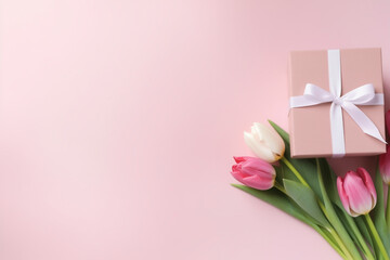 pink gift box with ribbon bow and bouquet of tulips, pastel background with copy space, top view, fantasy