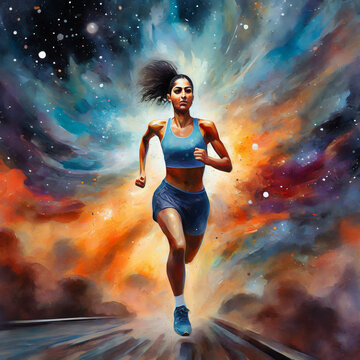 An impressive oil painting depicting a fantastic runner in the form of a nebula explosion
