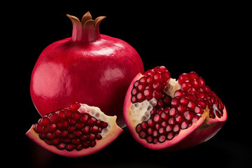 pomegranate red fruit whole and broken on black background