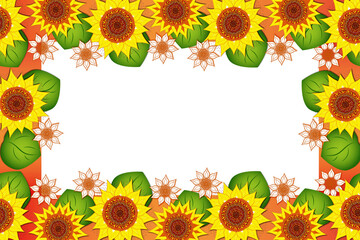 frame decorated with yellow sunflowers on a red ribbon and on a white background, with a field for an inscription, for graphic design