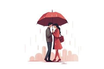 Couple Sharing an Umbrella in Rainy City isolated vector style illustration