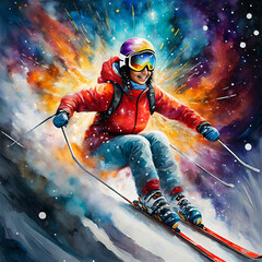 An impressive oil painting depicting a fantastic snowboarder in the form of a nebula explosion