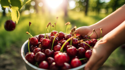 Full bloom cherry basket in organic farm in the morning with sun rise. Created using generative AI. - obrazy, fototapety, plakaty