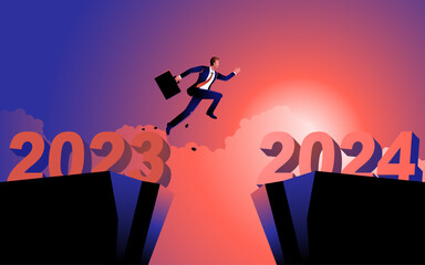 Businessman fearlessly jumps from 2023 to 2024. A depiction of conquering challenges, resolution, overcoming obstacles, and embracing optimism and determination in the coming year