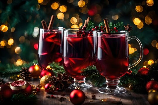 An enchanting Christmas image, mulled wine in focus against a backdrop of twinkling lights and evergreen wreaths 