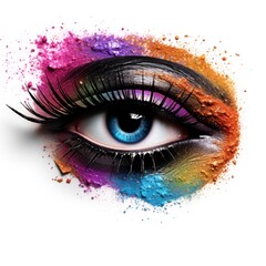 Close-up of a female eye with vivid, multicolored makeup and artistic powder splashes.