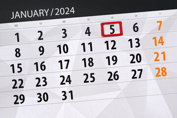 Obraz premium Calendar 2024, deadline, day, month, page, organizer, date, January, friday, number 5