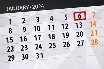 Fototapeta premium Calendar 2024, deadline, day, month, page, organizer, date, January, saturday, number 6
