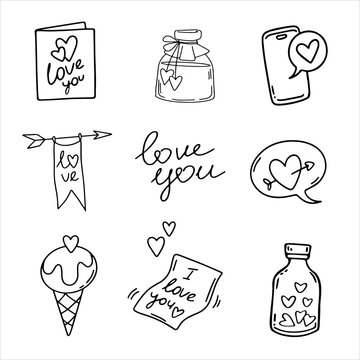Fototapeta set of vector doodle illustrations for Valentine's Day, hearts, arrows, inscriptions, declarations of love