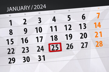Obraz premium Calendar 2024, deadline, day, month, page, organizer, date, January, thursday, number 25