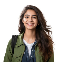 Female Indian university student smiling happily on white background