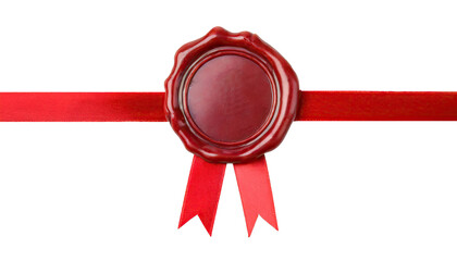  Real red wax seal with red ribbon isolated  - obrazy, fototapety, plakaty