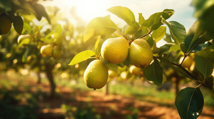 Close up ripe chinese pear field and landscape in sunny day. Created using generative AI.